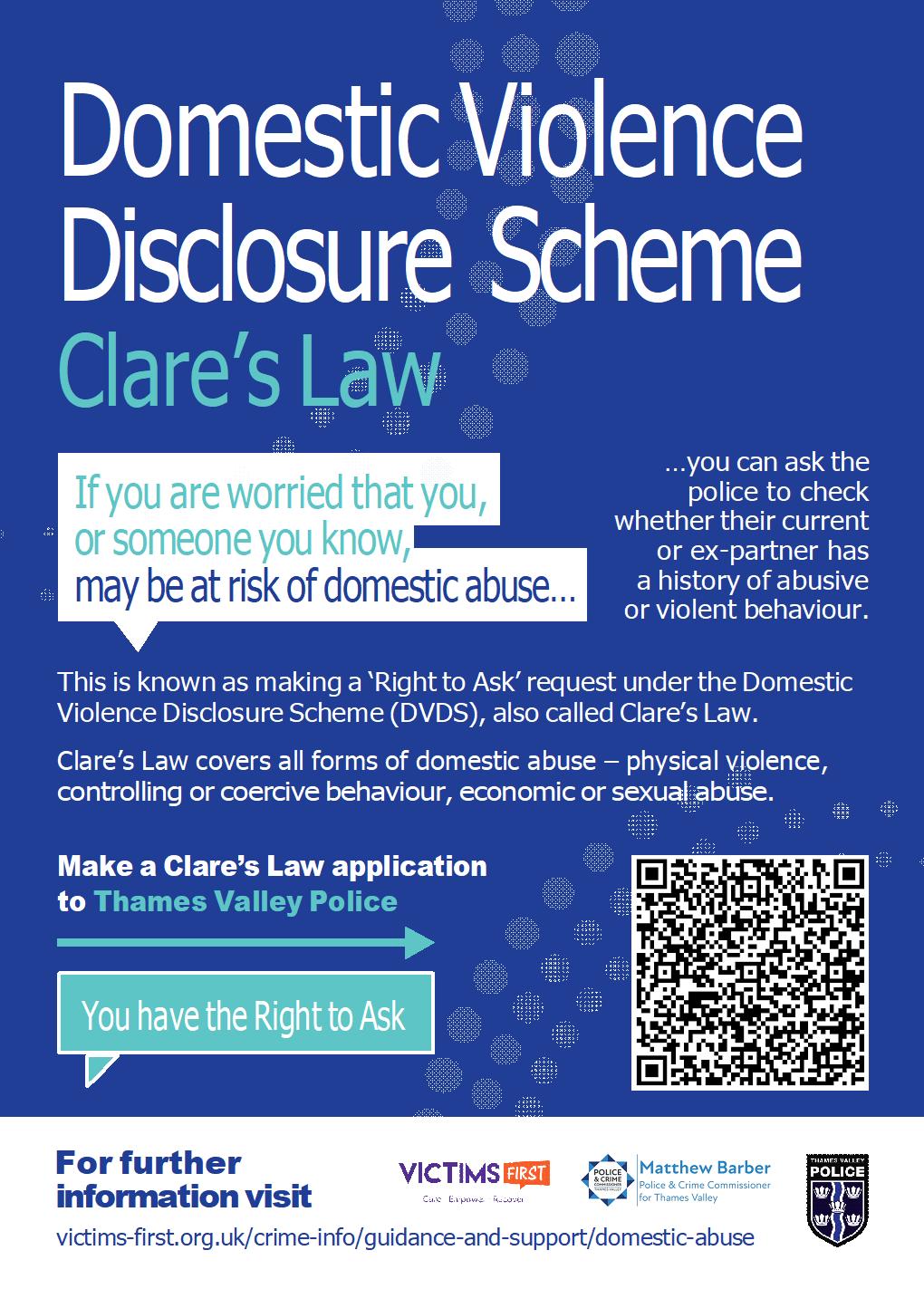 Poster provides information about the Domestic Violence Disclosure Scheme known as Clare's Law